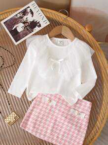 SHEIN Baby Girl Cute Knit Contrast Mesh Long Sleeve Blouse, Autumn/Winter - White - View 1