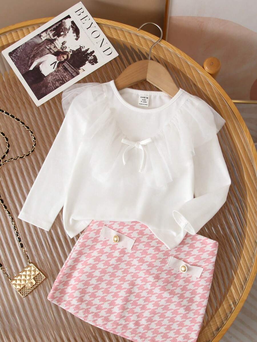 SHEIN Baby Girl Cute Knit Contrast Mesh Long Sleeve Blouse, Autumn/Winter - White - View 1