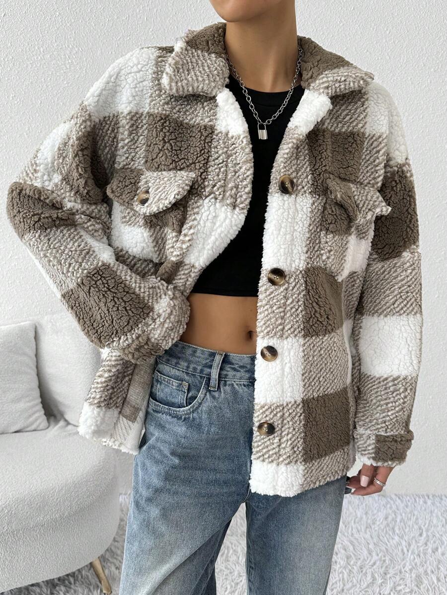 SHEIN EZwear Women's New Plush Regular Jacket - Brown - View 1