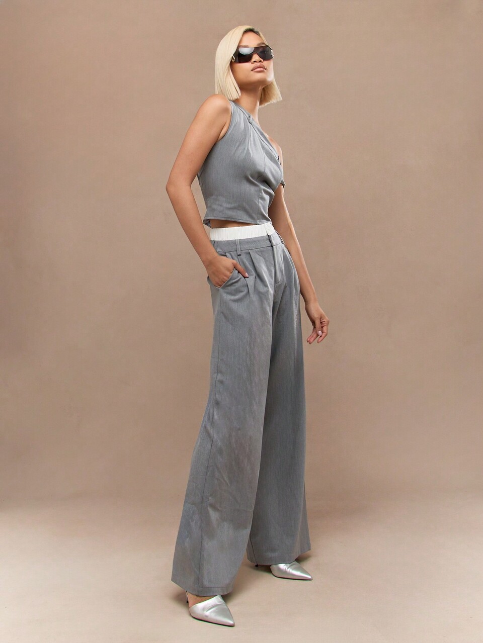 MISSGUIDED Boxer Waist Tailored Pleated Wide Leg Pants Office Wear