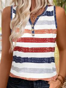 EMERY ROSE Ladies' Fashionable Summer Striped Top With Notched V-Neck And Random Print - Multicolor - View 1