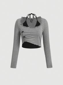 SHEIN MOD Top d`automne manches longues gris grande taille femme 2 en 1 T-shirt, top avec nœud papillon, top tricoté, top noir, vêtements de rentrée scolaire - Gris - Voir 1