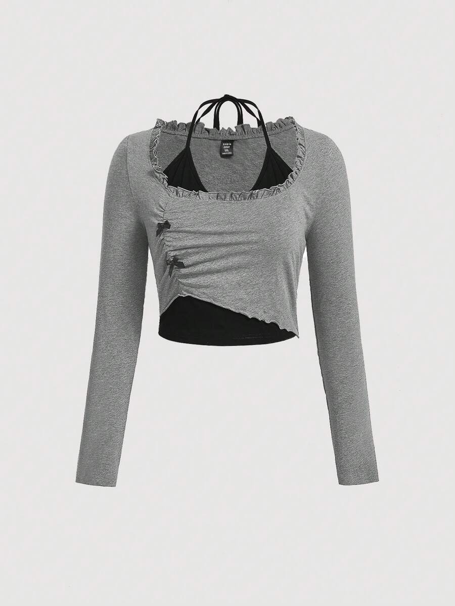 SHEIN MOD Top d`automne manches longues gris grande taille femme 2 en 1 T-shirt, top avec nœud papillon, top tricoté, top noir, vêtements de rentrée scolaire - Gris - Voir 1