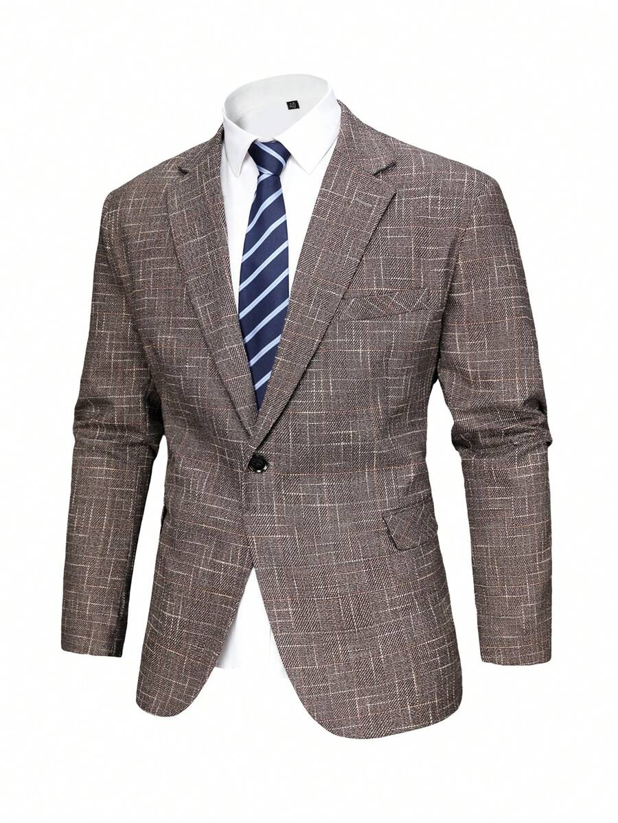 Manfinity Mode Chaqueta blazer casual de negocios de manga larga con cuello de chal a cuadros, tallas grandes, otoño e invierno