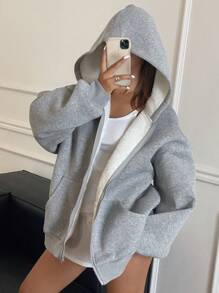 DAZY Women's Loose Fit Thermal Lined Hoodie Sweatshirt Jacket Zip Up - Light Grey - View 4