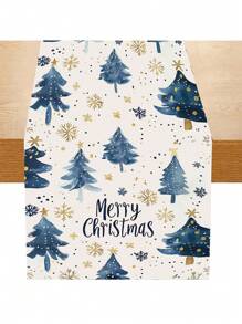1pc Festive Christmas Table Runner Blue Christmas Trees And Snowflake Festive Holiday Print Design - Perfect For Indoor And Outdoor Holiday Parties Decor, Home Party - الأزرق - مشاهدة 4