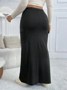 SHEIN EZwear 大码女式黑色实用口袋鱼尾裙，秋冬 - 黑色 - 查看 2