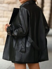 SHEIN Clasi 女式黑色 PU 皮革休闲翻领双排扣风衣，秋冬女式风衣，街头风长袖女式秋冬皮夹克 - 黑色 - 查看 2