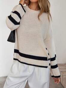 Women's Casual Colorblock Striped Drop Shoulder Long Sleeve Loose Sweater, Autumn - Beige - View 5