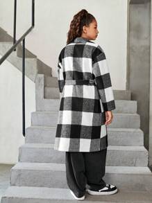 Tween Girl Black And White Check Buffalo Plaid Print Waterfall Collar Long Overcoat,Suitable For Travel, School, Daily Gatherings, Autumn And Winter - Black and White - View 7