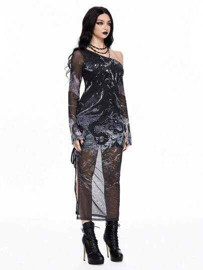 Gothic Abstract Pattern Asymmetrical Shoulder High Slit Bodycon Elastic Mesh Dress For Women