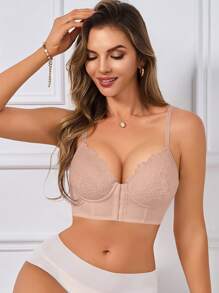 性感浪漫休闲舒适前扣蕾丝文胸，采用提升和聚拢设计，防下垂，罩杯调节，1 件套