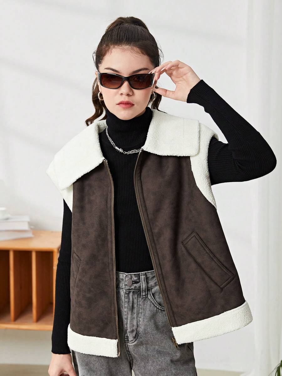 SHEIN 青少年女孩黑咖啡色天鹅绒立领口袋休闲无袖夹克 - 深灰色 - 查看 1