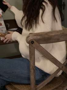 DAZY Áo len dày cổ tròn trơn màu cho nữ, trang phục mùa thu - Màu be - Xem 2