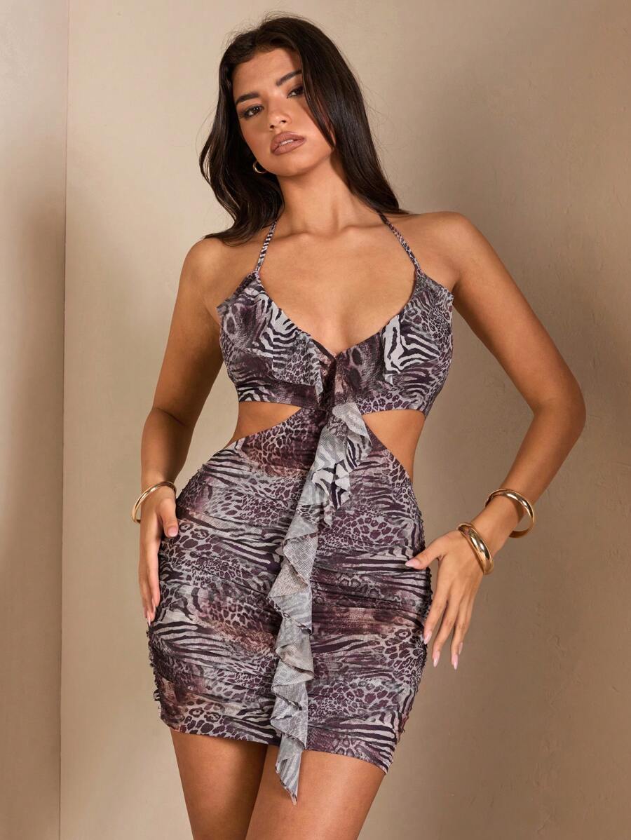 SHEIN BAE Damen Rüschen Mini Strandkleid mit V-Ausschnitt, Tiermuster und Hohldesign