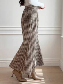 DAZY 女士优雅千鸟格长款A字裙 - 咖啡棕 - 查看 7