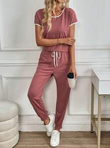 SHEIN LUNE Bộ 2 chiếc áo ngắn tay và quần dài họa tiết tương phản thường ngày cho nữ, xuân hè - Hồng - Xem 1