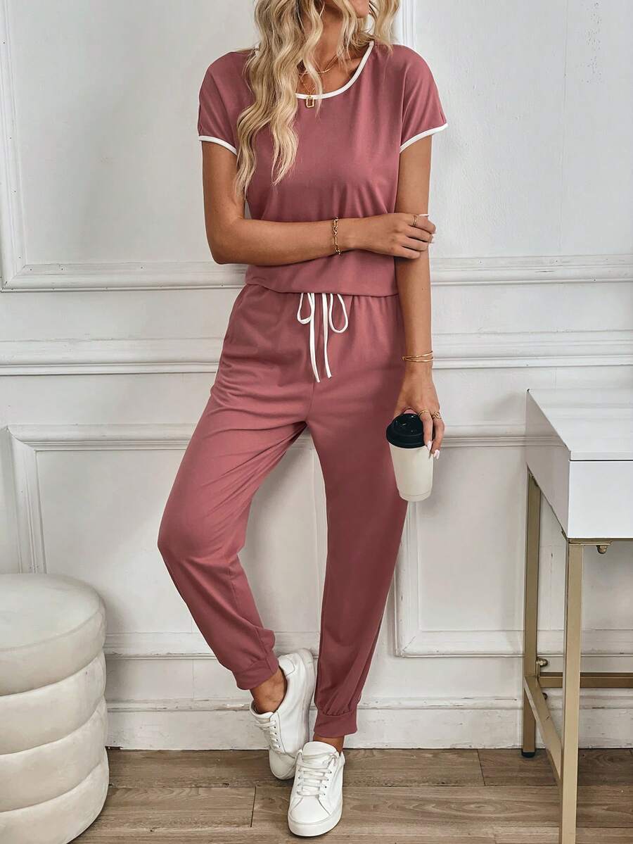 SHEIN LUNE Bộ 2 chiếc áo ngắn tay và quần dài họa tiết tương phản thường ngày cho nữ, xuân hè - Hồng - Xem 1