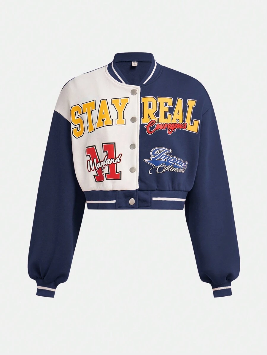 SHEIN Teen Girls Knit Printed Color Block Fleece Trim Sports Cropped Jacket - Navy Blue - View 1