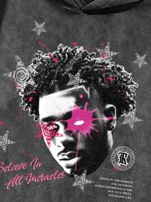 Manfinity EMRG Men's Oversized Street-Style Vintage High Street Black And White Hip-Hop Portrait Pink Graffiti Ink Dot Star Black Snow-Washed Hooded Sweatshirt. - Black - View 2