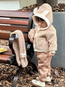 2 Stück/Set Baby Jungen Set aus luftiger Fleecejacke mit Tierohr Design und Schal, Herbst/Winter Kleidung - Braun - Übersicht 1