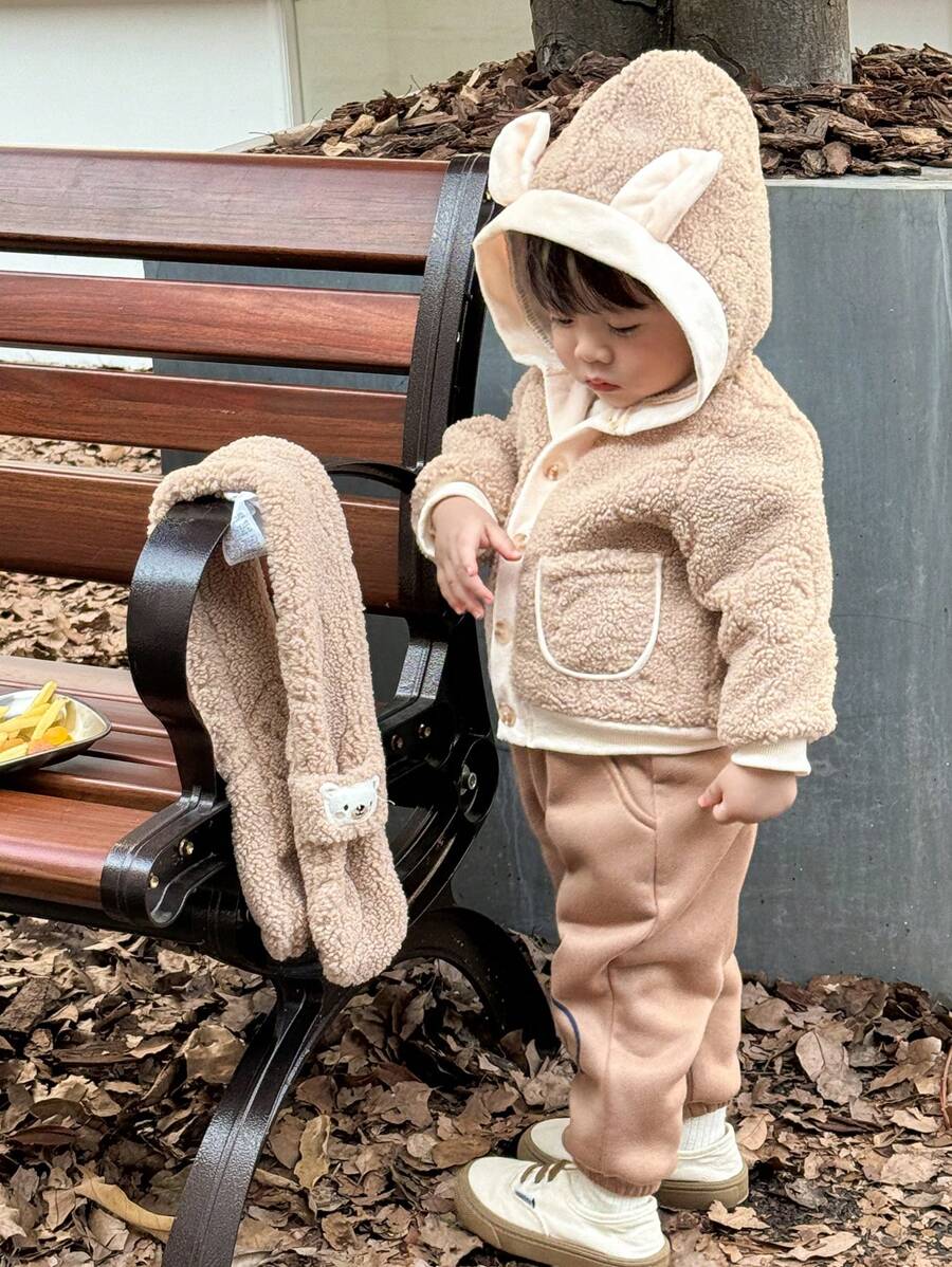 2 Stück/Set Baby Jungen Set aus luftiger Fleecejacke mit Tierohr Design und Schal, Herbst/Winter Kleidung - Braun - Übersicht 1