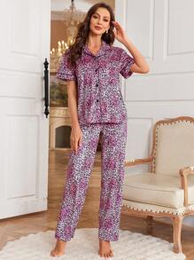 Pink Leopard Print Velvet Top And Pants Sleepwear Pajama Set - Hot Pink - View 3