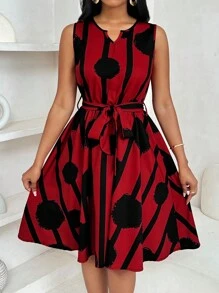 SHEIN Women's Elegant Geometric Print Tie Waist Short Dress