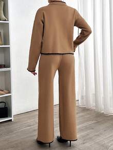 RueChic Woman Pocket And Ruffle Detailed Contrast Cardigan And Sweater Pants Sweater Co-Ords Comfy Warm Set - Camel - View 8