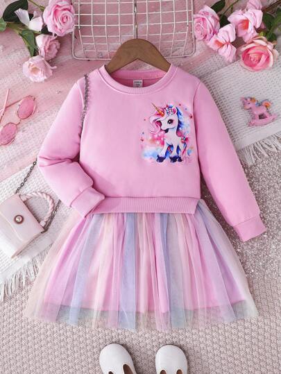 SHEIN Glamorique Kids Young Girl Fashion Casual Unicorn Print Mesh Contrast Long Sleeve Dress, Autumn