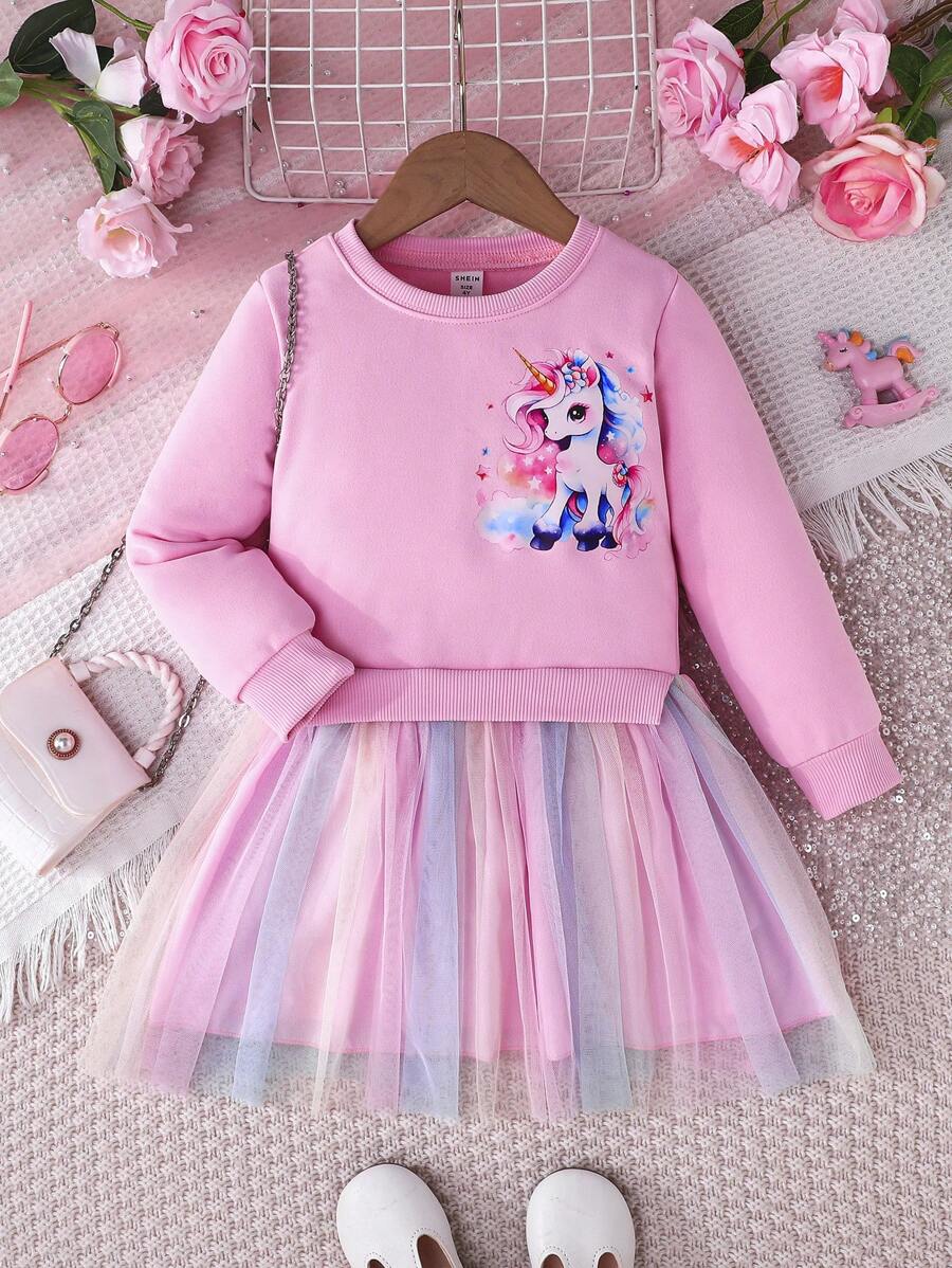 SHEIN Glamorique Kids Young Girl Fashion Casual Unicorn Print Mesh Contrast Long Sleeve Dress, Autumn - Baby Pink - View 1