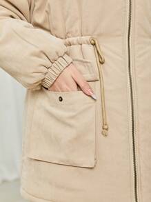 SHEIN 青少年女孩纯色加厚袋装连帽休闲棉服外套 - 卡其色 - 查看 9