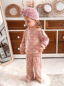 SHEIN 2 件套女婴花卉提花长袖上衣和裤子套装，春秋 - 粉色 - 查看 5