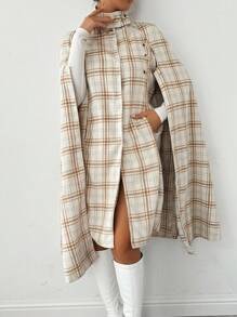 Chiquease Damen Herbst Winter Stehkragen Taschen Karomuster Umhang - Aprikosenfarben - Übersicht 6