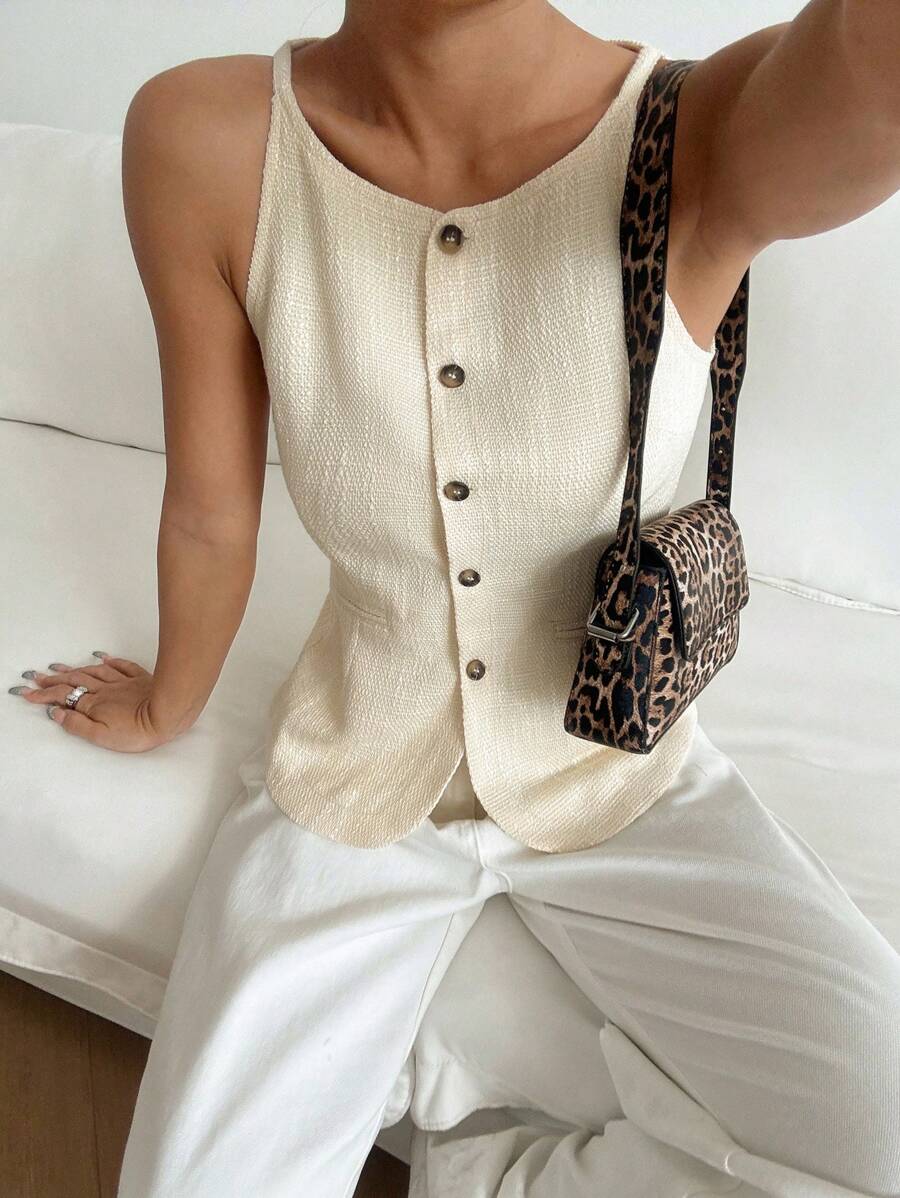 SHEIN EZwear Women's Solid Color Single-Breasted Casual Vest, Summer - Apricot - View 1