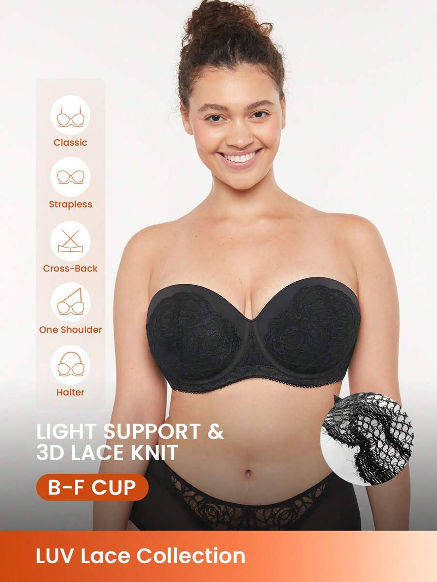 LUVLETTE Lingerie Strapless Push-Up Black Lace Push Up Half Bra