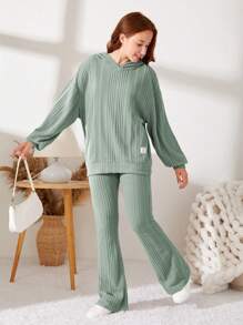 SHEIN Leap Crew 2 件套青少年女孩罗纹针织连帽短款上衣和喇叭裤，休闲装 - 薄荷綠 - 查看 1