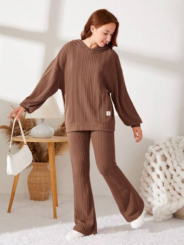 SHEIN 2pcs Teen Girl Ribbed Knit Hoodie Sweatshirt And Flared Trousers Casual Set
