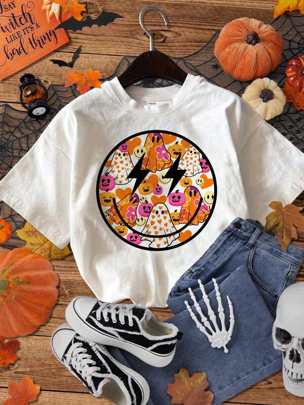SHEIN EZwear Casual Pumpkin Print Crew Neck Short Sleeve T-Shirt, Summer Plus Size For Halloween