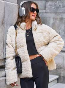 RueChic Faux Fur High Quality High Neck Nice & Warm Winter Coat - Beige - View 2