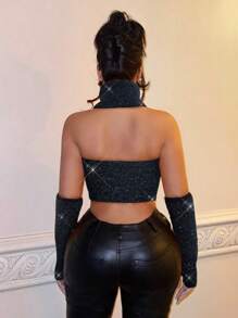 SHEIN SXY 女式秋冬亮面高领无袖紧身针织毛衣 - 黑色 - 查看 2