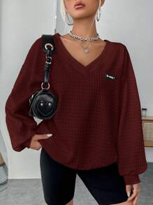SHEIN EZwear Wine  Knitted V-Neck Casual Sweatshirt