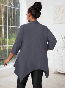 SHEIN Lady Plus Size Black Cardigan With Mid-Length Sleeves & Metal Buckle, Asymmetric Hem Women's Coat Fall Women Outfits Fall Outfits Going Out Outfits Winter