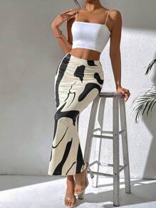 SHEIN PETITE Falda elegante con estampado geométrico y volantes en el bajo con efecto de cola de sirena para mujer - Albaricoque - Ver 4