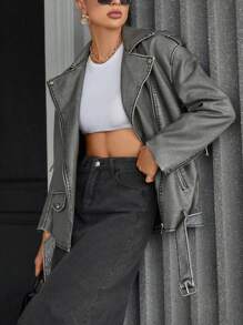 Aveloria Chaqueta de poliuretano desgastada y oversize para mujer, abrigo cortoviento suelto de estilo de motocicleta, otoño