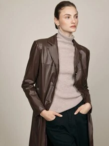 BizChic Women's Elegant Commuter Faux Leather Structured Long Trench Coat, Christmas Outfit - Coffee Brown - View 4