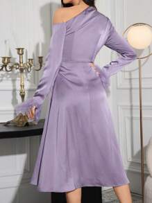 Modelyn Women's Long Sleeve Open Shoulder Dress With Real Turkey Feather Patching - Dusty Purple - View 2