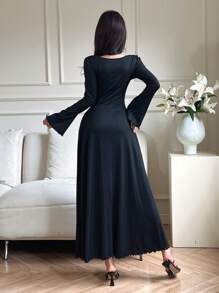 Mulvari Women's Solid Color Long Sleeve Bowknot Decor Long Casual Dress