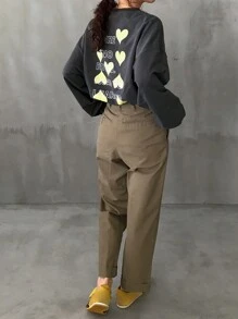 FRIFUL Women's Loose Fit Heart Pattern Contrast Color Sweatshirt - Grey - View 6