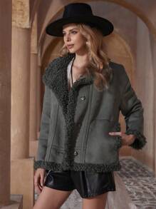 GENKIRA Women's Faux Suede & Fluffy Collar Thick Warm Jacket, Autumn Winter New - Grey - View 6